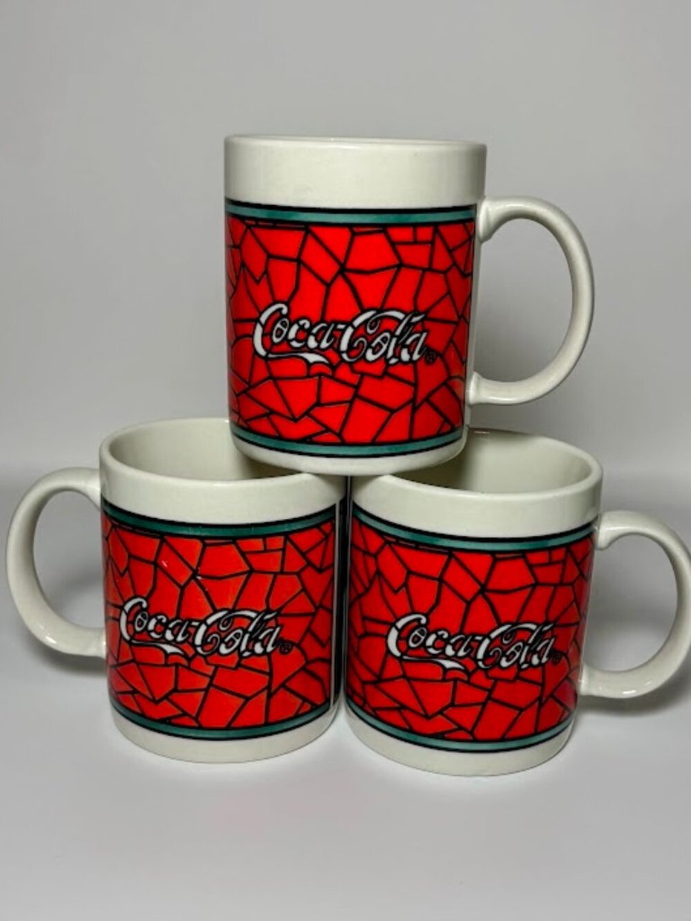 Set Of 3 ~ Gibson Coca Cola Stained Glass Cups Vintage 1996 RED ~ Porcelain CUPS